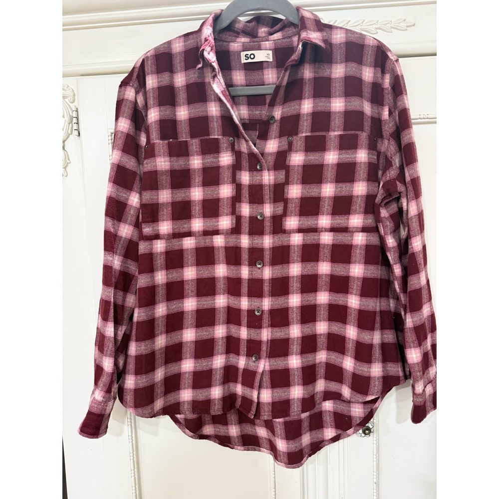 SO flannel shirt, women's XS, burgundy and pink plaid.
